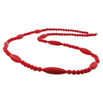 Kette Rillenolive und Perle rot Kunststoff Verschluss silberfarbig 80cm