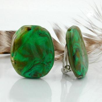 Clip Ohrring 28x23mm Kiesel grün-khaki-braun-marmoriert glänzend Kunststoff-Bouton