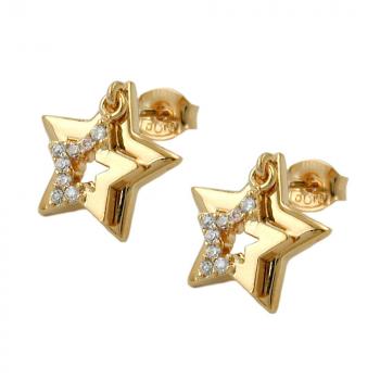 Ohrstecker Ohrring 13mm doppelter Stern mit Zirkonia vergoldet 3 Mikron