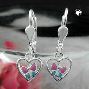 Brisur 23x7mm Ohrring Herz mit Schmetterling hellblau pink lackiert Silber 925