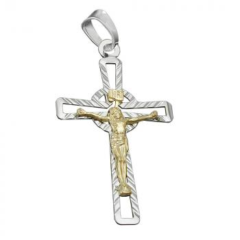 Anhänger 40x24mm Kreuz Jesus bicolor glänzend diamantiert Silber 925