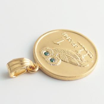 Anhänger vergoldet aus einer 1-Drachme Münze Griechenland Eule 2 Zirkonias