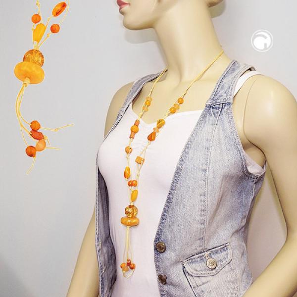 Kette Y-Form gelb-orange Kunststoffperlen Blumenperle Baumwollkordel 90cm