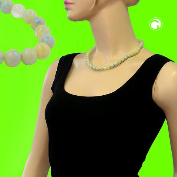 Kette 10mm Kunststoffperlen türkis-grün-weiß-gelb marmoriert mit Perle 45cm
