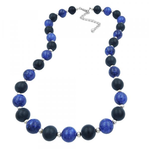 Collier, Perlen schwarz blau silber 50cm