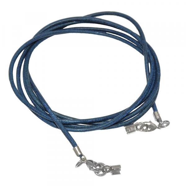 Lederband Rundschnur Rindleder 2mm blau gefärbt mit 2x Verschluss silberfarbig ca. 1m
