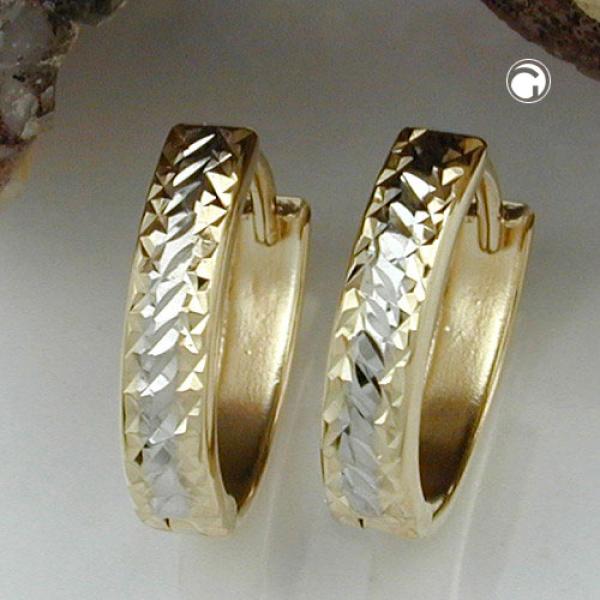 Creole Ohrring 12x11x3mm Klappscharnier oval bicolor diamantiert 9Kt GOLD