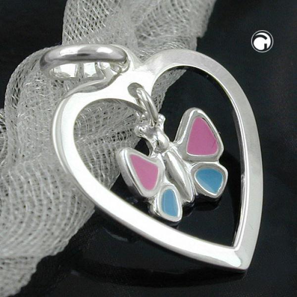 Anhänger 17x15mm Herz mit Schmetterling farbig lackiert Silber 925