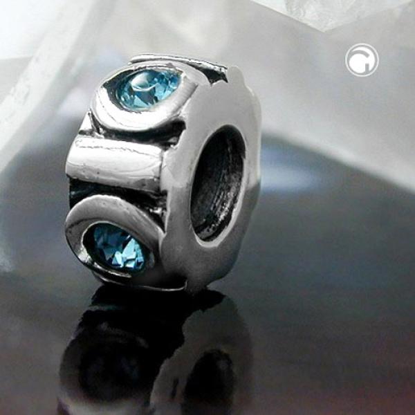 Anhänger 10x5mm Perle Bead mit 4 Glassteinen hellblau rhodiniert Silber 925