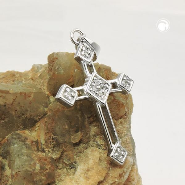 Anhänger 22x16mm Kreuz mit Zirkonias glänzend rhodiniert Silber 925