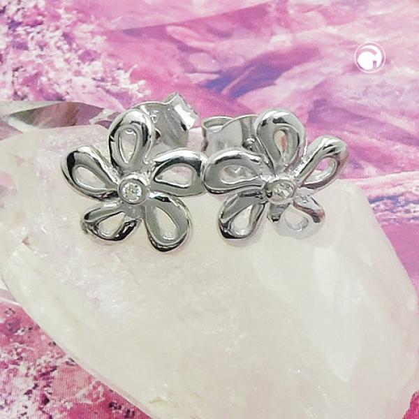 Ohrstecker Ohrring 9mm Blume Zirkonia weiß glänzend rhodiniert Silber 925