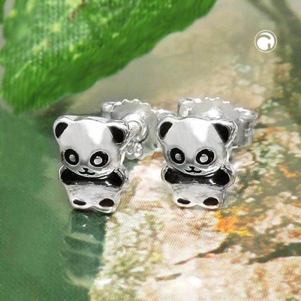 Ohrstecker Ohrringe 6x5mm kleiner Pandabär glänzend schwarz lackiert Silber 925