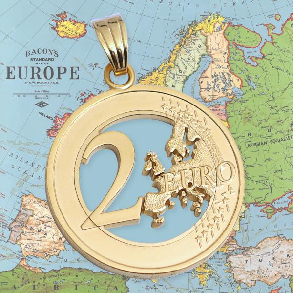 Anhänger vergoldet aus einer ausgesägten 2-Euro Münze Deutschland Europakarte