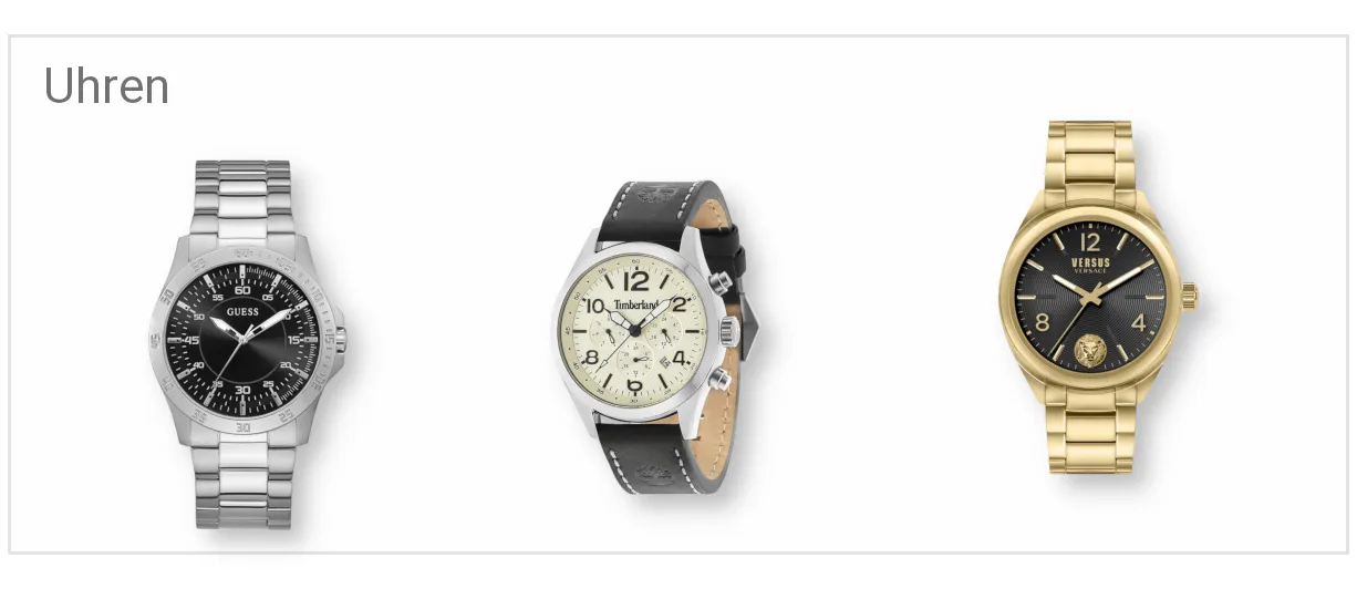 Drei Uhren: Eine Herrenuhr in Edelstahl, Zifferblatt schwarz. Eine Herrenuhr in Edelstahl mit Lederband. Eine Herrenuhr vergoldet, mit schwarzem Zifferblatt.